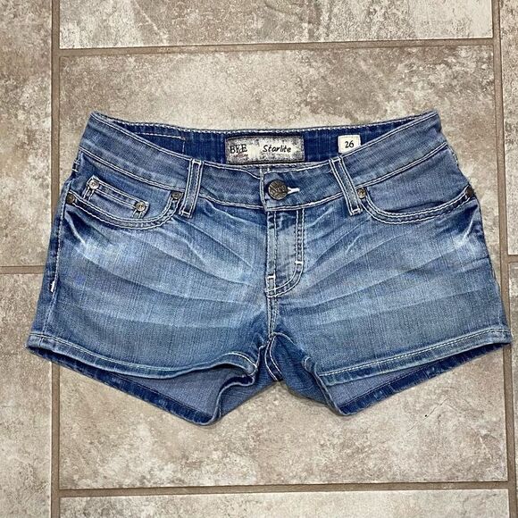 BKE Starlite Low Rise Denim Shorts 26 Stretch Distressed Embroidered EUC - Picture 4 of 12